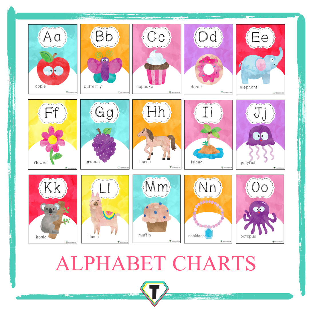 Alphabet Charts Water colour theme- The teacher hero- Life saving digital teacher resources for the classroom! Instant download.