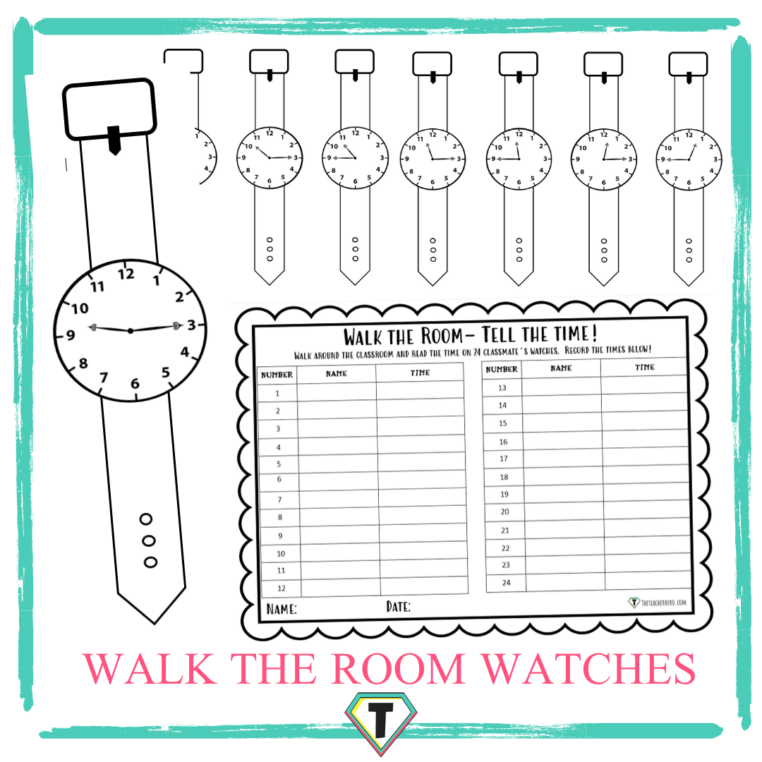 Walk the room watches: Quarter to Quarter past- The teacher hero- Life saving digital teacher resources for the classroom! Instant download.