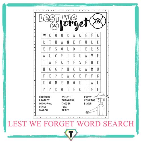 Lest We Forget Word Search-The Teacher Hero- Life saving digital teacher resources for the classroom! Instant download.